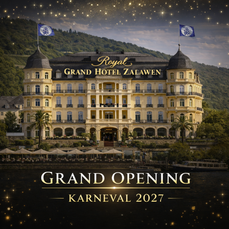 Motto-Plakat: Royal Grand Hotel Zalawen — Grand Opening, Karneval 2027